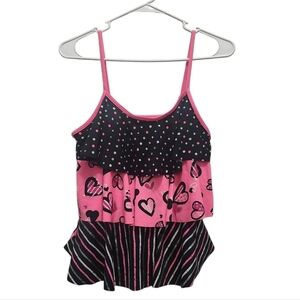 EUC Justice Tankini Swim Top Tiered Pink Black Multi Print Size 18